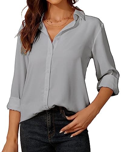 Image of SPRING SEAON Womens Blouse Long Sleeve Chiffon V-Neck Button Down Shirt Casual Office Work Tops for Ladies Grey
