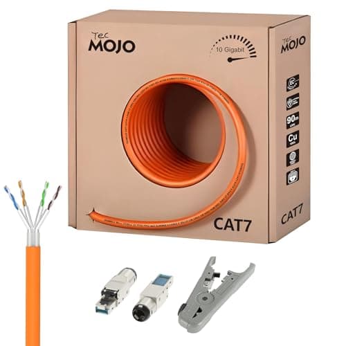 Image of Tecmojo CAT7 S/FTP 50M, 10Gigabit LAN Ethernet Network Bulk Cable Pure Copper Conductor 23AWG with 30% AL-MG Braiding Shielding LSZH B2ca Orange, with Cable Cutting Stripping Tool and RJ45 Connectors