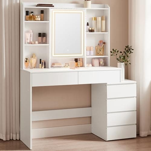 Image of VASAGLE KAILYN Collection - Dressing Table with LED Lights, 40 x 117.5 x 145 cm, Modern Makeup Desk, Vanity Table with Mirror, Drawers, Open Compartments, Adjustable Shelves, Cloud White RDT624W02