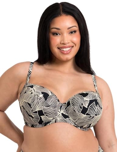 Image of Curvy Kate Underwired Balcony Bikini Top Ripple Reef Padded Womens Ladies Sport Beach Swimwear Black Print Cup Size 30G