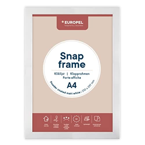 Image of EUROPEL lightweight Snap frame A4, matt white powder-coated finish, Profile 25x11 mm, Anodized aluminum, anti-reflective protector, External dimensions 210x297 mm, Grey polystyrene back