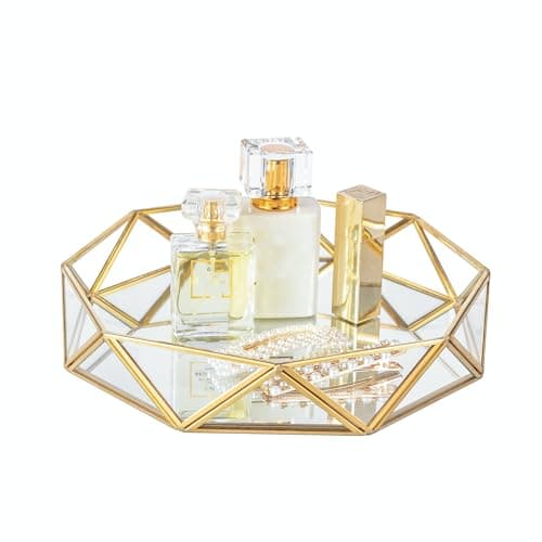 Image of Feyarl Glass Perfume Tray 9.5Inch/24cm Mirrored Tray Gold Cosmetic Makeup Vanity Trays Jewelry Display Ornate Decorative Trays for Home Decor Dresser Tabletop