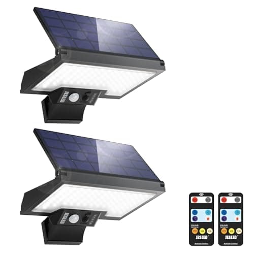 Image of JESLED Solar Security Lights Outdoor Motion Sensor, 108LEDs 3 Color Temperatures 4 Modes Solar Lights Outdoor, Type-C Charging Solar Powered Durable Wall Lights for Patio Yard Pathway Garage, 2Pack