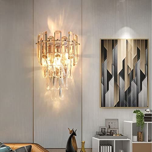Image of Sxtiger Modern Crystal Wall Lamp, E14 Crystal Wall Sconce Light, for Bedroom Living Room Kitchen Hallway Stairs Restaurant Hotel Lighting (Champagne Gold)