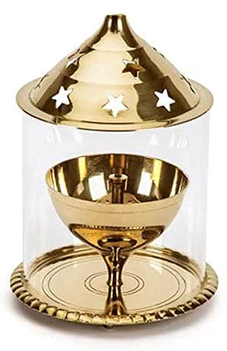 Image of SATYA EXPORTS Pooja Akhand Diya Decorative Brass & Glass Oil Lamp Tea Light Holder,6 inch Diya Lantern (Gold and White)