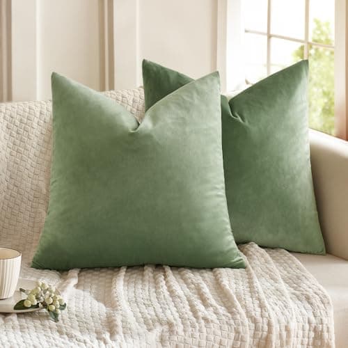 Image of MIULEE Velvet Soft Soild Microfiber Decorative Square Pillow Case Throw Cushion Cover for Sofa Bedroom with Invisible Zipper 18x18 Inch 45x45cm Pea Green Set of 2 Lined