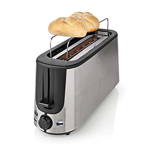 Image of Ex-Pro Long Slot Toaster, Long Slice or 2 Slice Stainless Steel Toaster with Bun Warming Rack, 6 Browning Levels, Removeable Crumb Tray, Defrost and Reheat, 1000W