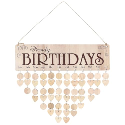 Image of STOBOK Family Birthday Reminder Calendar DIY Wooden Wall Hanging Board Heart Circle Birthday Tracker Signs with 100 Tags for Mom Grandma, Days