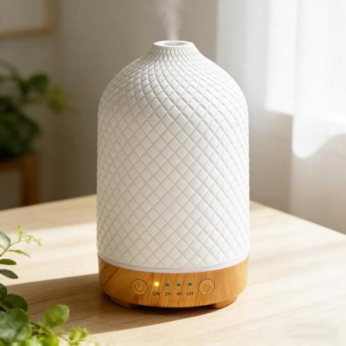 Image of Essential Oil Diffuser Electric Aromatherapy Oil Diffuser 200ml Ceramic Aroma Scented Diffusers &Humidifier with Auto Shut Off Ultrasonic Quiet/4 Timing Set/7 LED Lights for Home Office Sleep