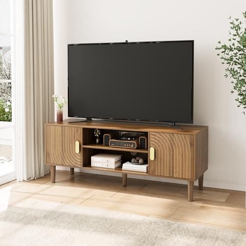 Image of Smuxee Walnut TV Stand with Line Groove Design, 47.2" Mid Century Modern TV Media Console for TVs up to 55", TV Cabinet with Adjustable Shelf & 2 Cabinets for Living Room