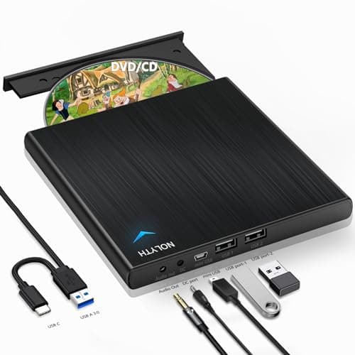 Image of NOLYTH External CD DVD Drive for Laptop: USB C & USB3.0 Burner Player Reader Portable for Mac MacBook PC Windows Computer with Audio USB Ports