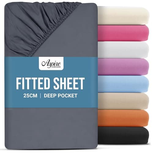 Image of Aspire Homeware Double Fitted Sheet - 25 cm Deep Hotel Quality (Charcoal) Bed Sheets - Soft & Breathable Fitted Bed Sheets Double - Anti-Wrinkle Easy Care Fitted Sheets