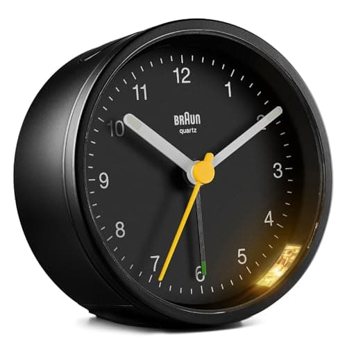 Image of Braun Classic Analogue Alarm Clock with Snooze and Light, Quiet Quartz Movement, Crescendo Beep Alarm in Black, model BC12B.