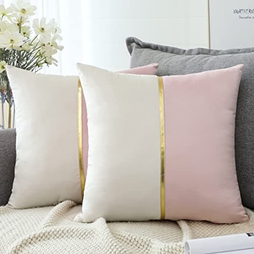 Image of Artscope Pink White Velvet Cushion Covers with Gold Leather Patchwork Luxury Modern Minimalist Square Pillowcase Throw Pillow Covers for Living Room Bed Couch Sofa 45x45cm Set of 2