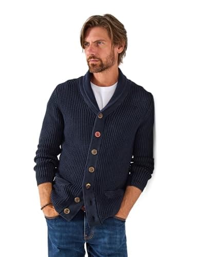 Image of Joe Browns Men's Aztec Trim & Washed Look Shawl Neck Cardigan Sweater, Navy, XXL