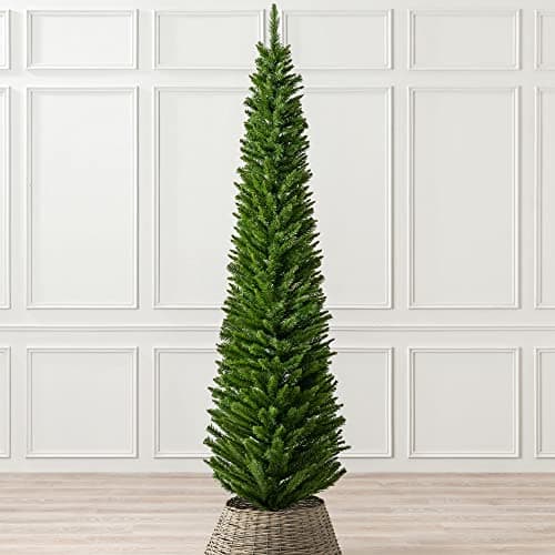 Image of Christow Pencil Christmas Tree 7ft, Artificial Slim Narrow Green Spruce, Luxury Indoor Xmas Decoration, Natural Looking PE & PVC Needles, Easy Assembly with Stand, Tip Count 401 (skirt not included)