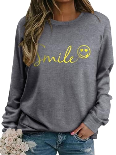 Image of Dresswel Womens Sweatshirt Vintage Funny Smile Face Graphic Print Crewneck Long Sleeve Tops Ladies Pullover Basic Cotton Jumpers Blouse (Grey, M)