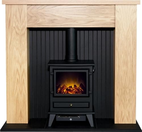 Image of Adam New England Stove Fireplace in Oak & Black with Hudson Electric Stove, 48 Inch