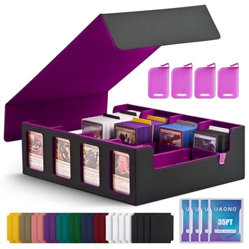Image of UAONO Trading Card Storage Box for Commander Display, 2400+ MTG Deck Box with 4 Top Loader, TCG Card Case fits Magic PTCG Sports Cards(Black&Purple)