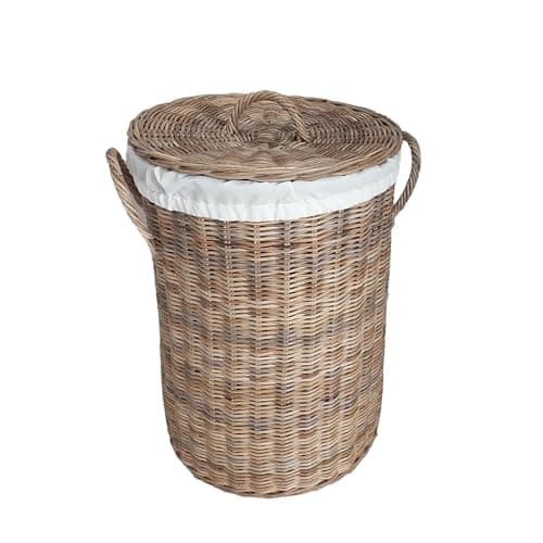 Image of Wicker Laundry Basket with Lid Round Cotton Lined Rattan Wicker Basket with Carrying Handles Bathroom Hallway Bedroom Kitchen Washroom Storage with White Cotton Lining (Small)