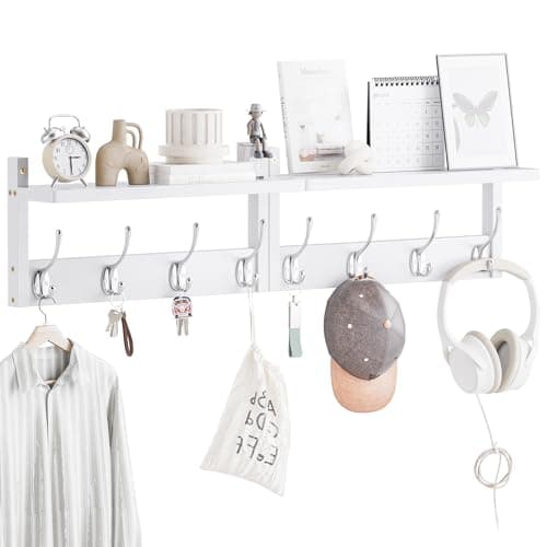 Image of STELLSTAR 2 Pack Coat Rack Wall Mount, Bamboo Coat Hook with Storage Shelf, Coat Hanger with 8 Dual Hooks, Wall Floating Shelf for Entryway Hallway Kitchen, Bathroom, Bedroom (White+Slive)
