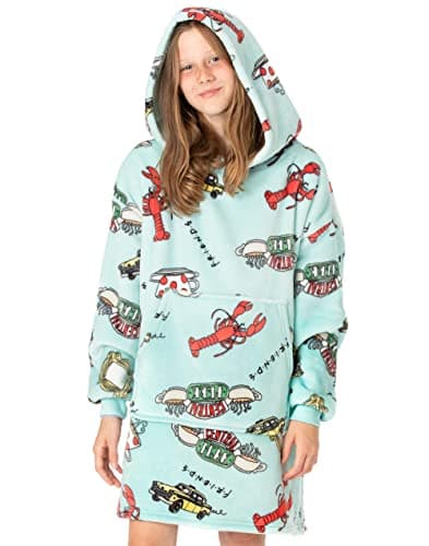 Image of FRIENDS VUddie Oversized Blanket Hoodie Kids | Girls Boys F.R.I.E.N.D.S TV Show Lobster Central Perk Cafe Wearable Pullover | One Size Sweater With Pocket Blue