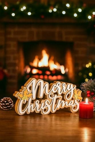Image of Marco Paul 23cm White Glitter Merry Christmas Sign - Freestanding Wooden Plaque Christmas Table Decoration– 3D Letter Block Table Centrepiece for Mantels & Windows - Xmas Gifts For Women