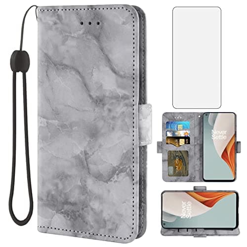 Image of Asuwish Phone Case for OnePlus Nord N100 with Tempered Glass Screen Protector and Marble Wallet Card Holder Slot Stand Cell Accessories One Plus N 100 4G 1 Plus 1plus One+ 1+ 100N Women Men Black
