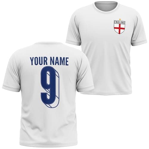 Image of England 2025 Badge Name and Number Kids T Shirt Personalised Football Supporter Boys Girls English Tee Home & Away, 5-6 Years, White
