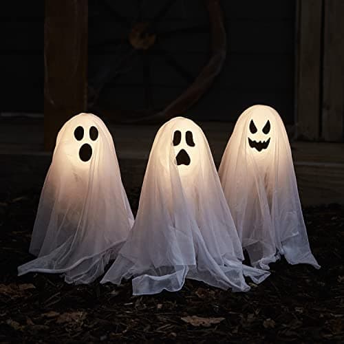 Image of Lights4fun Set of 3 Outdoor Ghost Stake Lights Lawn Pathway Lighthing Battery Operated Light Up LED Halloween Party Props Garden Decoration 40cm