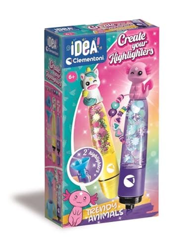 Image of Clementoni Idea - Create Your Highlighters: Trendy Animals, Personalised Highlighter Lab, Creative Kit for Children 6+ Years, with 3 Customisable Highlighters with Accessories, 18874