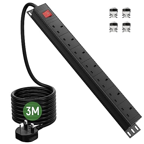 Image of Surge Protected Extension Lead 3M, HANNELORE 7 Way Power Strip with Switch, Power Distribution Unit PDU Rack Mount Power Strip, 13Amp Multi Plug Extension Sockets for Home, Office and Industrial Use