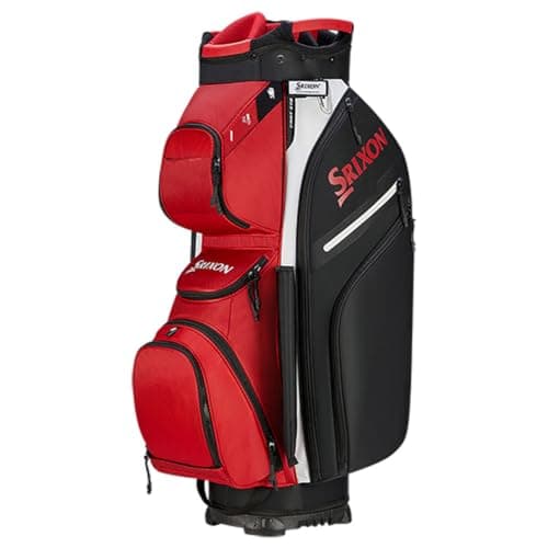 Image of Srixon - Premium Cart Golf Bag - 14 Club Divider - 11 Zipper Pockets including a Velour-lined and an Insulated Coller Pocket - Score Card, Pen Divot Holders - Lock Bottom Base, UNIQ SIZE, Red/Black