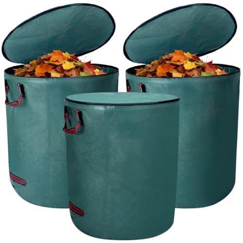 Image of QWORK® 3-Pack 272L Green Garden Waste Bags, Heavy Duty with Handles and Zippered Lid, Tear-Resistant PP Fabric
