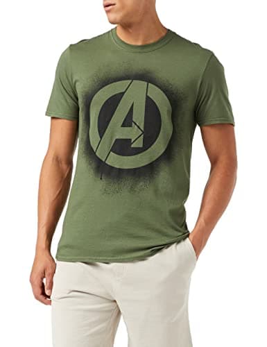 Image of Marvel Men's Avengers Stencil Logo T Shirt, Military Green, M UK