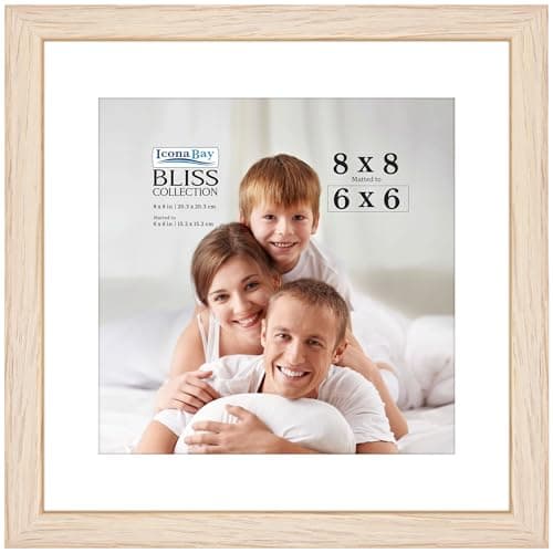 Image of Icona Bay - 8x8 Light Oak Picture Frame with Removable Mat for 6x6 Photo - Modern Style Engineered Wood Frame - Table Top or Wall Mount - Bliss Collection