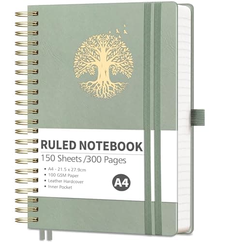 Image of RETTACY Lined A4 Notebook Spiral Bound College Ruled Notebook 300 Pages, Thick Journal,Hardcover Leather Notepad for Work School,100gsm,Sticky Notes,21.5 x 27.9cm - LightGreen