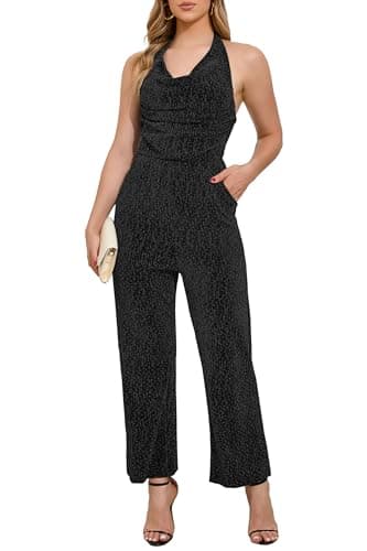 Image of VERWIN Women's Sparkly Rhinestone Jumpsuit Halter Neck Draped Ruched Front Backless Sleeveless Party Night Out Romper with Pockets L Black