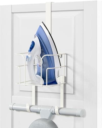 Image of Over The Door/Wall Mount Ironing Board Hanger, Laundry Room Iron and Ironing Board Caddy Storage Holder, Black (White)