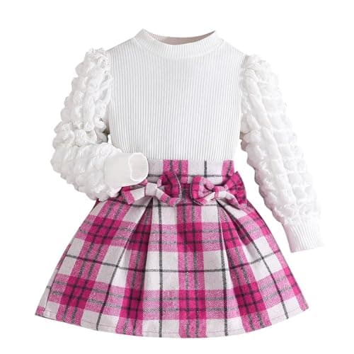 Image of Guoegh Baby Girls Clothes Gingham Outfits Toddler Puff Long Sleeve Knit Ribbed Shirt Tops Plaid Skirt Sets 2Pcs Kids Bow Autumn Winter A-line Dress(Purple, 3-4 Years