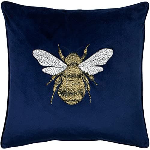 Image of Paoletti Hortus Cushion Cover – Bee Embroidered, Luxurious Velvet Accent, Square Cushion Cover (Navy – 50x50 cm)