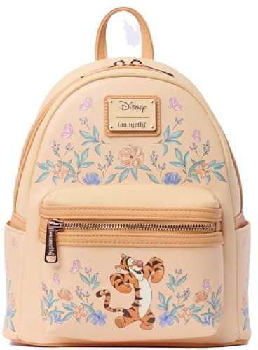 Image of Loungefly Winnie the Pooh Eeyore Mini Backpack Handbag Floral Print Double Strap Shoulder Bag, Peach, Tigger
