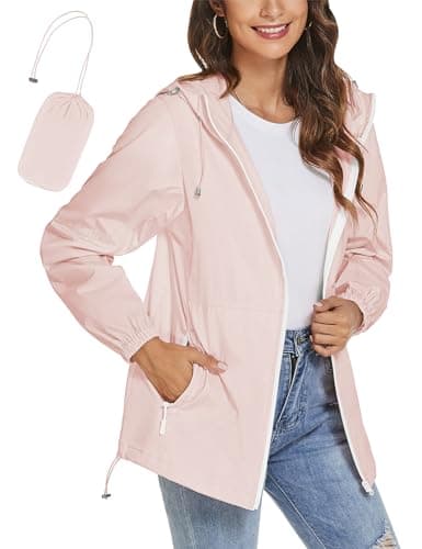 Image of iWoo Waterproof Jackets Women Raincoat Ladies Lightweight Jackets Packaway Summer Long Sleeve Hooded Rain Jackets Pink M