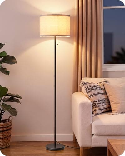 Image of EDISHINE 57'' Modern Floor Lamp with Linen Shade, Tall Standing Lamp for Living Room, Bedroom, Office, Pull Chain Switch, Brushed Gold Pole, E27 Socket, 2700K LED Bulb Included