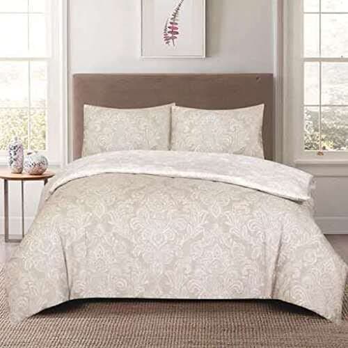 Image of 3 Pieces Duvet Cover Set With Pillowcase Cotton Rich Floral Print Bedding Set Quilt Case (Damask Beige, King)