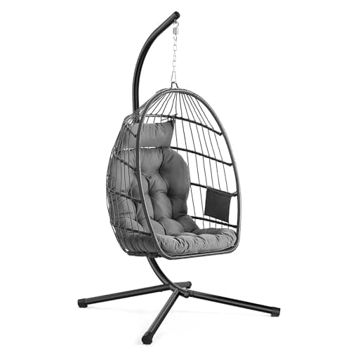 Image of SONGMICS Outdoor Hanging Egg Chair, Foldable Removable Basket, Height-Adjustable Swing Chair, Side Pocket, Cushion, for Living Room, Garden, Balcony, Grey GDC050GZ02