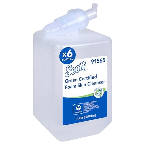 Image of Scott Professional Green Certified Foam Hand Soap (91565), 1.0 L, Foaming, Clear, No Fragrance Added, Manual Refills, Ecologo, NSF E-1 Rated (6 Bottles)