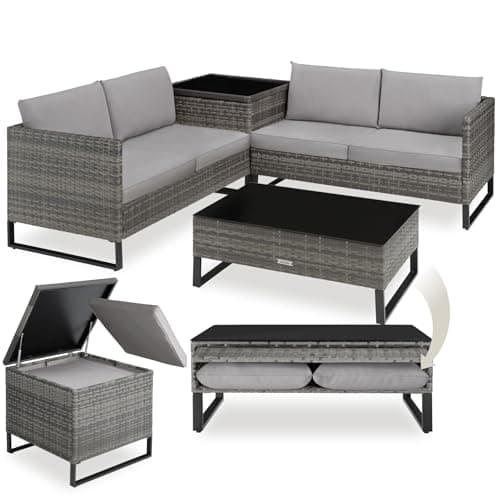 Image of tectake® Rattan Garden Furniture Set, Modular Corner Sofa with Table, Garden Storage Box & Water-Repellent Cushions, Outdoor Furniture with UV-Resistant Polyrattan & Sturdy Steel Frame - Mottled Grey