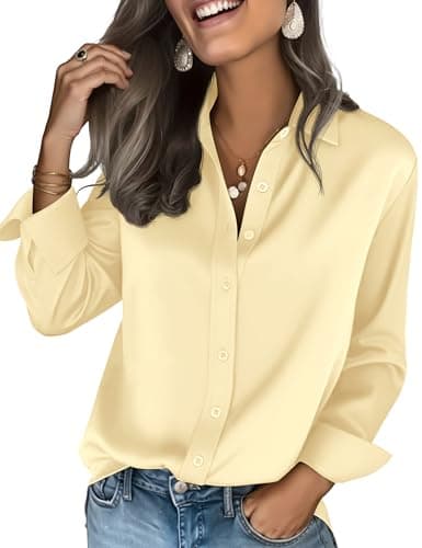 Image of EverVoguant Womens Ultra-Soft Lightweight Satin Silk Button Down Shirts Silky Long Sleeve Work Dress Blouses Tops, Cream, XL