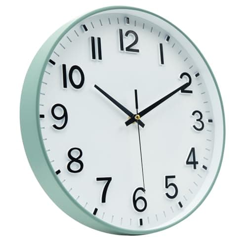 Image of HZDHCLH Wall Clock 12 Inch Silent Non Ticking Clock for Living Room Bedroom Kitchen Office (Green frame)